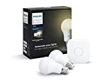 Philips Hue Kit de Démarrage Blanc avec 2 x E27 9 W [pont inclus] - Fonctionne avec Alexa