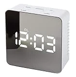XIAOMEI Multi-Function Créatif Miroir Radio-réveil Batterie-à Double Usage Snooze Gradateur Radio-réveil Carré Blanc Bleu-D 8cm(3.1inch)