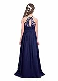 iiniim Maxi Robe Longue de Princesse Cérémonie Mariage Enfant Fille Dentelle Mousseline Halter Robe de Soirée Cocktail Fête sans Manches Grande Taille Haute 4-14 Ans Bleu Marin 10 Ans