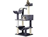 Finether Arbre à Chat Géant 5-Tiers Griffoir Grattoir Niches Hauteur 154CM avec Hamac, 12 Troncs à Griffer en Sisal, Perches Plate-Forme et 1 Balle, Capacité de 3 Chats, Gris et Beige
