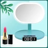 HYwot Miroir Lumineux de Maquillage, Miroir de Maquillage Lumineux LED avec Haut-Parleur Bluetooth et Carte TF, Commutateur à Capteur Tactile, Fonction Réveil et Radio,Bleu