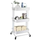 alvorog Chariot de Service Desserte, Chariot de Cuisine avec Panier de Rangement à 3 Tablettes, Chariot de Rangement à roulettes, Convient pour Salle de Bain, Cuisine, Bureau, Bibliothèque(Blanc)