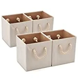 EZOWare Panier de Rangement Pliable en Tissu avec Poignée en Corde de Coton, Boîte de Rangement pour Etagères, Placard etc - Pack de 4 (26.7 x 26.7 x 28 cm) (Beige au Grain de Bois)