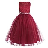 IINIIM Longue Robe Princesse Baptême Cérémonie Anniversaire Enfant fille en Dentelle à Paillettes Avec Ceinture à Crystal pour vos fille cadeau Noël, Bordeaux, 10 Ans