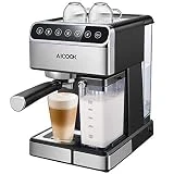 Aicook Machine à Café Automatique,15 Bar Cafetiere Expresso avec Écran Tactile LCD et Mousseur à Lait Inox, Cappuccino et latte, Fonction Auto-nettoyage, 1.8L Amovible Réservoir D'eau, 1350W