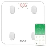 Pèse Personne Impédancemètre, RENPHO Balance Connecté, Pèse-Personne Bluetooth, Impedancemetre avec 13 Données Corporelles (BMI/Muscle/Eau/Graisse Corporelle/Masse osseuse), Ecran Rétroéclairé, Blanc