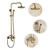 Obeeonr Set Rétro Colonne de Douche Ensemble Mitigeur Pommeau Fixe Douchette & Flexible en Acier Inox - 150 cm Tuyau de Douche et Douchette Douche Tête dans Antique - Sécurité Anti-Brûlure