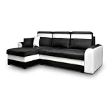 MEUBLO Canapé d'angle Convertibles 3 Place Tissu + Simili Cuir Tommy (Noir, Canapé d'angle Gauche)