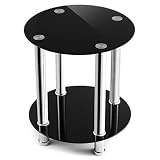 RFIVER Table Basse Salon Bout de Canapé avec 2 Etagères Table de Chevet Verre Trempé au Coins Ronde Noir ET1001