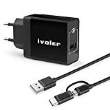 iVoler Quick Charge 3.0 USB Type C Chargeur Secteur USB 18W, Adaptateur Secteur USB Mural avec 2 en 1 Câble Micro USB & Type C pour iPhone, iPad, Samsung, Huawei et Les Autres Smartphones- Noir