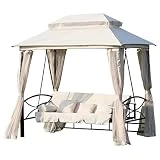 Outsunny Balancelle de Jardin 3 Places Convertible Style Colonial Grand Confort 5 Coussins + Matelas + moustiquaires Inclus 2,45L x 1,65l x 2,43H m Beige