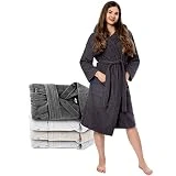 Twinzen Peignoir de Bain pour Femme (L, Gris Foncé), Eponge Coton sans Produits Chimiques - Capuche, 2 Poches, Ceinture - Oeko TEX - Robe de Chambre, Sortie de Bain Douce, Absorbante et Confortable