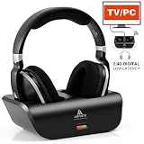 Casque AudioTV sans Fil Numérique UHF/RF 2,4 GHz Over-Ear Headphones avec Station de Chargement Base Emetteur 30,5 m de Portée sans Fil, Noir (Casque TV)