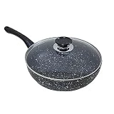 Poêle Wok noire Pierre volcanique anti-adhésive avec revêtement en pierre de lave et couvercle en verre