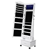SONGMICS Armoire à Bijoux, LED, Grand Tiroir, Miroir psyché, roulettes, Serrure JBC61W