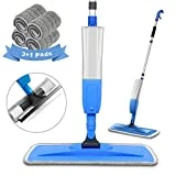 Bellababy Balais Serpillère avec vaporisateur, Spray Mop Avec 4 tampons en microfibre et 1 Raclette de Douche, Vadrouille Rotation à 360 °, Balai Sol Plat Contenance 450ml, Bleu