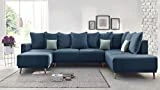 BOBOCHIC MOLA Canapé d'Angle Gauche Panoramique Convertible XXL 7 places + Coussins Bleu Marine 324x90x215/164/94 cm