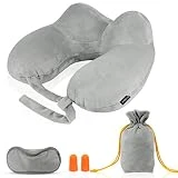 Coussin Nuque Voyage, Morecoo Coussin Gonflable Avion Compact et Confortable Coussin de Cou pour l'Avion la Voiture ou le Train - Avec Bouchons d'Oreille, Masque pour les Yeux et Sac de Transport