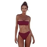 MOIKA Femme Maillots de Bain Sexy 2 pièces Bandeau Bandage Tankinis Set Femmes brésilien rembourré Causal Push Up Taille Haute Beachwear Maillots de Bain Bikini(Vin Rouge,L)