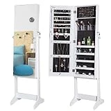 Nicetree Armoire à bijoux sur pied, Armoire de rangement, avec miroir plein sans cadre, blanc.
