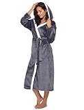 Aibrou Femme Peignoir Polaire à  Capuche avec 2 Poches Hiver Peignoir de Bain Flanelle Robe de Nuit Flanelle, Gris, L (: 42-44)