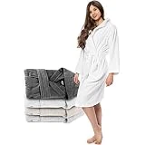 Twinzen Peignoir de Bain 100% Coton avec Capuche pour Femme (S, Blanc Albatre) Certifié Oeko TEX - Robe de Chambre 2 Poches, Ceinture et Boucle d'Accroche - Doux, Absorbant et Confortable