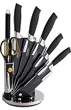 Royalty Line - RL-BLK8-W - Set de Couteaux de Cuisine sur Support, Revêtement Antiadhésif, 8 Pièces (5 Couteaux, Aiguiseur, Ciseaux et Bloc à Couteaux)