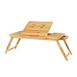SONGMICS Table de lit pliable, Petite table en bambou pour ordinateur portable, pour Gaucher et Droitier, Plateau ajustable 5 positions, 89 x 35 x 29 cm (L x l x H), Trous d'aération, Petit tiroir LLD004