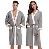 Aibrou femme homme Kimono Tissage Gaufré Peignoir de Bain Unisexe Coton Waffle Robe de Chambre col V Pyjama Pour l'hôtel Spa Sauna Vêtements de nuit - Gris+ Blanc - X-Large