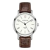 Montres Homme Ultra-Mince Cadran en Acier Inoxydable avec échelle numérique Montres Bracelet pour Unisexe Bracelet en Cuir Minimaliste, Marron-Blanc