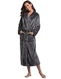 Aibrou Peignoir Femme Velours Chapeau Robe de Chambre Polaire Femme Chaud Long Flanelle Peignoir de Bain Eponge Hiver Longue Cadeau de Noël,Gris Foncé,EU 44-46 (Fabricant : L)