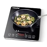 Plaque à induction, Amzchef plaque de cuisson à induction avec surface en verre cristal poli noir, design portable ultra-fin, commande par capteur et verrou de sécurité, 2000W, minuterie 3 heures
