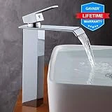 GAVAER Robinet lavabo, Haut Cascade de Robinet salle bain en Laiton Chromé, Valve en Céramique, Style Moderne Désign en Aplati Rectangulaire, Laiton Chromé.