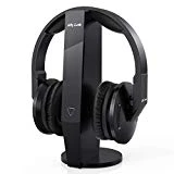 Jelly Comb Casque TV sans Fil et Filaire 2-en-1 Fibre Optique Rechargeable avec Station de Charge Émetteur pour SmartTV, PC, DVD, CD, Chaîne Hi-FI-Noir