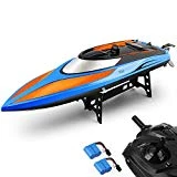 E T RC Bateau Jouets de Piscine Haute Vitesse (20MPH +) Télécommande Bateau Radiocommandés Jouet pour Piscines et Lacs 2,4 GHz RC Racing Bateaux pour Adultes et Enfants + Bonus Batterie (Bleu Orange)