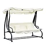 Outsunny Balancelle de Jardin 3 Places Convertible Toit imperméabilisé Inclinaison réglable 2 tablettes Support 2L x 1,2l x 1,64H m métal époxy Noir Polyester crème