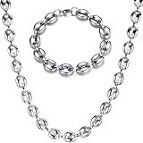 J.Me.Mi Collier Chaine Lourd Grain de Café Or, Homme Acier Inoxydable Pendentif Bracelet Ensemble Bijoux Cadeaux, Chaîne 60cm,SilverSet