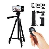 Hitchy Trepied Smartphone, Trepied Iphone 51 inch 130cm Aluminium Léger, Trepied Appareil Photo pour Smartphone/GoPro/Camera avec Télécommande Bluetooth, Porte-téléphone et Adaptateur GoPro (Noir)