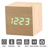 LED Réveil en Bois Affichage numérique avec Contrôle du Son PLUIESOLEIL LED Horloge de Bureau Décorez Votre Maison et le Bureau, Alimenté par USB ou Batterie - Forme Cube ( Bois cube & vert mot)