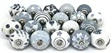 Lot de 20 boutons de tiroir en céramique peints à la main (gris et blanc)