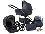 Lux4Kids Q Baro 3 en 1 Poussette combinée (siège auto inclus les adaptateurs, habillage pluie, moustiquaire, roues pivotantes 9 couleurs) 01 graphite