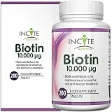 Vitamines de biotine pour la croissance des cheveux 10000 MCG 6 mois + fournissant 200 comprimés de 6 mm meilleurs suppléments contre la perte de cheveux meilleur soin de beauté pour hommes et femmes - biotine 1000MCG d'Incite Nutrition bénéfique pour la santé des cheveux et la croissance des ongles fabriquée au Royaume-Uni