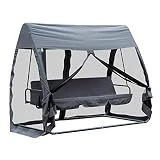 Outsunny Balancelle de Jardin Convertible 3 Places Grand Confort : Matelas Assise Dossier, moustiquaire intégrale zippée avec Toit, Pochette Rangement métal époxy Polyester Gris