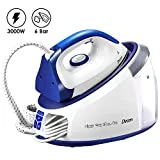 Decen Centrale Vapeur Haute Pression 6 bars Effet Pressing Jusqu'à 480 g/min, 3000W Fer à Vapeur avec Plaque de Base en Céramique et 1.7L Grand Réservoir D'eau, Auto-nettoyage, Bleu/Blanc