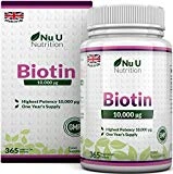 Biotine 10000 µg | Vitamine B8 pour la Pousse des Cheveux | Cure d'Un An/365 Comprimés | Compléments alimentaires de Nu U Nutrition