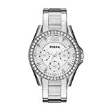 FOSSIL Montre Riley femme / Élégante montre-bracelet argent et cadran avec strass - Multifonction : jour et mois - Boîte de rangement et pile incluses