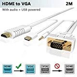 FOINNEX Cable Adaptateur HDMI vers VGA 2M avec Audio Jack, Convertisseur Cordon Male HDMI-VGA,Actif HDMI Sortie a VGA Connecteur/Prise pour PC,Laptop,PS4/PS3,Xbox,Mac à TV,Moniteur,HD 1080P