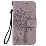Coque Galaxy J3 2016/J310 [Avec Protecteur d'écran en Verre Trempé],Fatcatparadise(Série de chat et d'arbre) Rétro emboss Premium Flip Housse Coque Etui PU Cuir pour Samsung Galaxy J3 2016/J310(Gris)