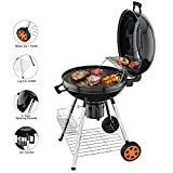 TACKLIFE Barbecue au Charbon de Bois, 57cm Gril Portable à 2 Etagères, Réversible Couvercle, Collecteur de Cendre, Gril avec Le thermomètre, 2 Roues, Camping pour Grande Famille, CG01A