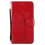 Coque Galaxy J3 2017/J330 [Avec Protecteur d'écran en Verre Trempé],Fatcatparadise(Série de chat et d'arbre) Rétro emboss Premium Flip Housse Coque Etui PU Cuir pour Samsung Galaxy J3 2017/J330(Rouge)